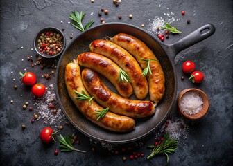 Savory baked sausage sizzles in a hot pan on a dark stone background, perfectly cooked and golden brown, awaiting addition of fresh toppings or sauces.