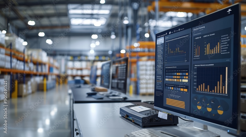 Poster warehouse operations with performance analytics. bustling warehouse environment with multiple comput