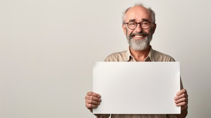 An elderly man with glasses and a gray beard holds a blank white signboard while smiling, offering a clean slate for messages or promotional purposes.