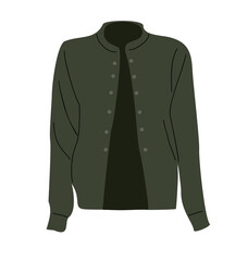 Green jacket with buttons. Modern fashion open leather blazer. Trendy casual clothes. Stylish wearing. Flat vector illustration of female garment isolated on transparent background.