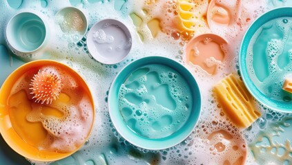 Colorful Soapy Dishes and Cups