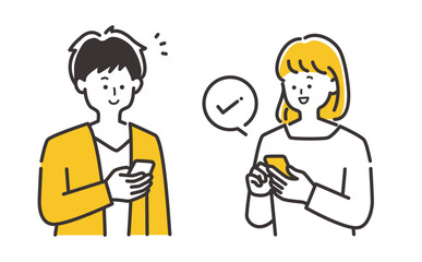 キャッシュレス、オンライン決済説明などに使える スマートフォンをタッチする男性・女性のイラスト素材