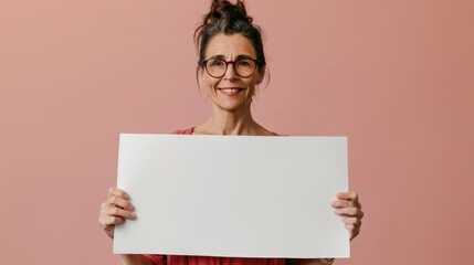 Woman with an updo hairstyle and glasses holding a blank white sign against a pink background. Ideal for adding text or any customization needed for marketing.
