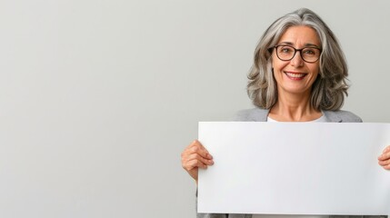 Naklejka premium Happy mature woman with short gray hair and glasses holding a blank white sign. The plain backdrop is ideal for text additions, logos, or any designed elements.