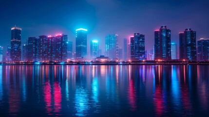 Fototapeta premium Night Urban Cityscape with Neon Lights