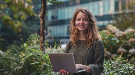 A young woman with long hair, wearing a sweater, stands holding a laptop in an urban garden, surrounded by greenery and modern buildings, smiling at the camera.