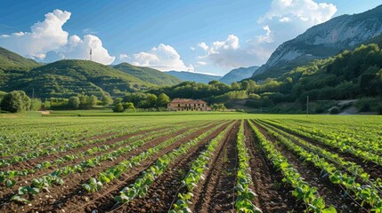 Countryside Farmhouse with Vegetable Fields in Front of Mountains