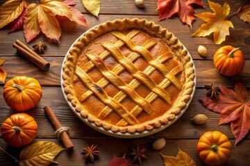 Golden-brown pumpkin pie with crisscross crust design sits on a warm-toned wooden table surrounded by autumnal decorations and a sprinkling of fall leaves.