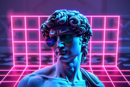 David Statue in a Neon Cyber Grid Environment - Powered by Adobe