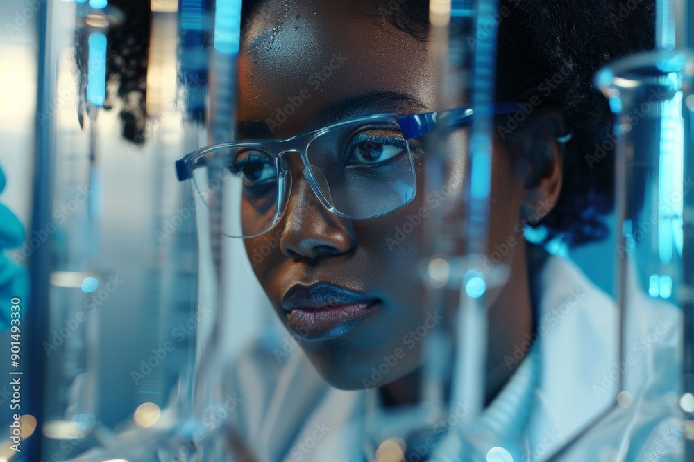 Poster A scientist wearing reflective glasses intently focuses on work in a laboratory, surrounded by scientific equipment, highlighting precision and dedication to their field of study.