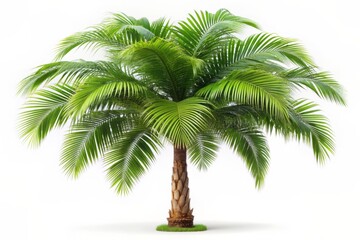 Obraz premium A magnificent, lifelike palm tree stands isolated on a pure white background, its slender trunk and lush green fronds overflowing with natural tropical elegance.
