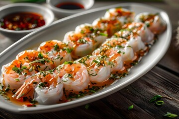 A delicious platter of fresh shrimp rolls topped with herbs and sauce.