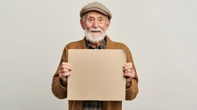 A smiling elderly man with a beige hat and brown cardigan holding a blank tan sign in front of a neutral background, conveying warmth, friendliness, and senior wisdom. - Powered by Adobe