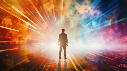 Silhouette of a Man Standing Before a Bright, Colorful Light