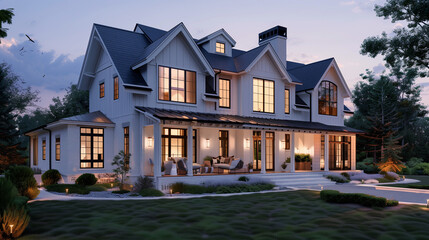
Beautiful modern farmhouse style luxury home exterior at twilight