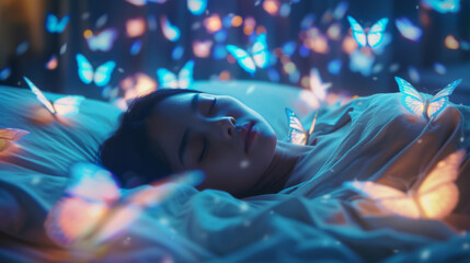 A woman is sleeping with butterflies flying around her