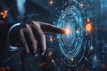 Businessman and fingerprint scanning unlock and access to business data network