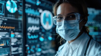 A doctor in a mask, medical statistics in the background.