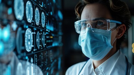 A doctor in a mask, medical statistics in the background.