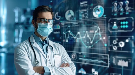 A doctor in a mask, medical statistics in the background.