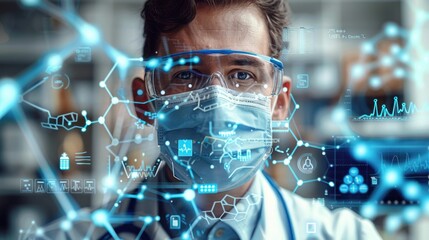 A doctor in a mask, medical statistics in the background.