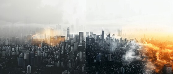 Obraz premium A panoramic view of a city skyline transitioning from grayscale to color, symbolizing the journey from economic despair to recovery and growth