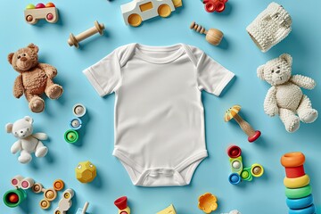 White Baby Onesie Surrounded by Toys