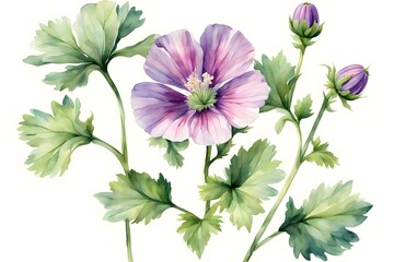 Obraz premium Watercolor common mallow flowers on white background, AI Generated
