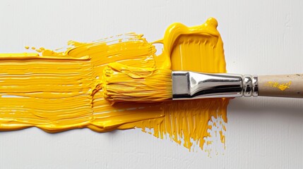 close up of a paint brush with yellow color on a white background, perfect for art school or for articles about artists or hobbies