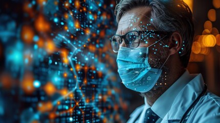 A doctor in a mask, medical statistics in the background.