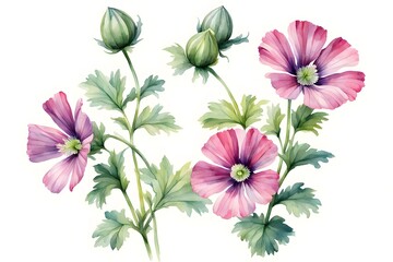 Obraz premium Watercolor common mallow flowers on white background, AI Generated