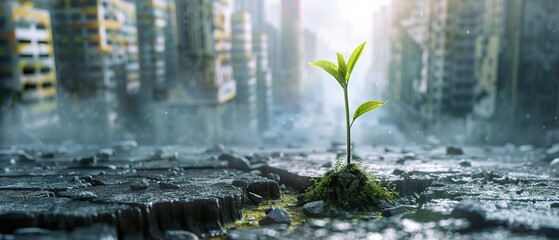 Fototapeta premium A single sapling growing in a cracked urban landscape, embodying hope and the potential for growth amidst economic decay