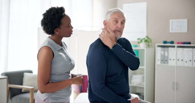 Consultation, physiotherapist and senior man with neck pain, injury or herniated disk in clinic. Medical, checkup and chiropractor with elderly patient for muscle sprain or spinal stenosis treatment.