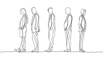 Ingelijste posters Een lijn pencil line drawing of people standing in line while one faces the other direction on white background  © wernerimages