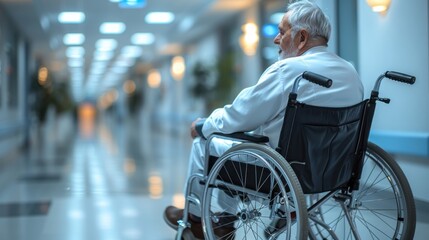Obraz premium an old patient in a wheelchair in a hospital corridor