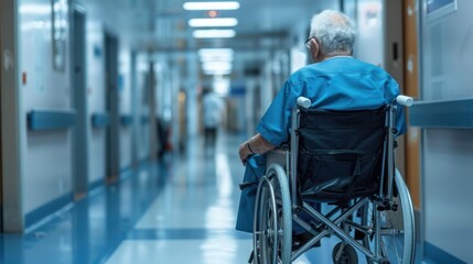 an old patient in a wheelchair in a hospital corridor