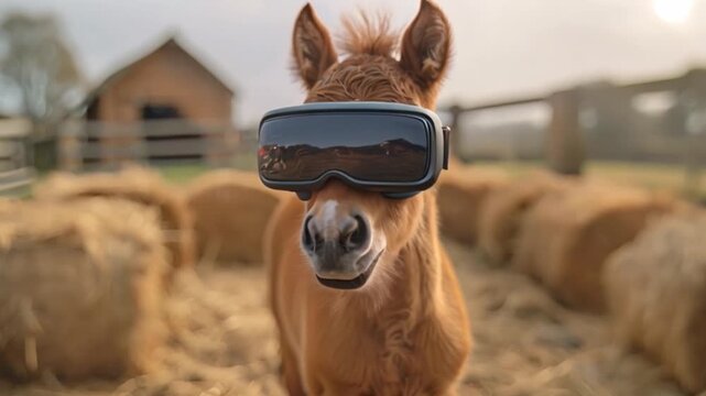 A brown foal wearing black virtual reality goggles stands on a bed of hay in front of a wooden barn.