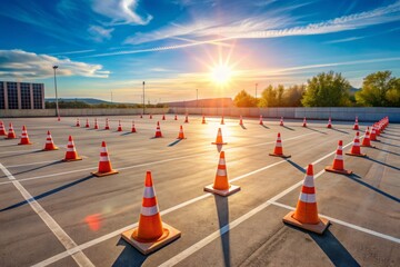 Concrete driving training area with marked lanes, traffic signs, and cones, surrounded by a polygon-shaped barrier in a vacant, sun-lit parking lot landscape.