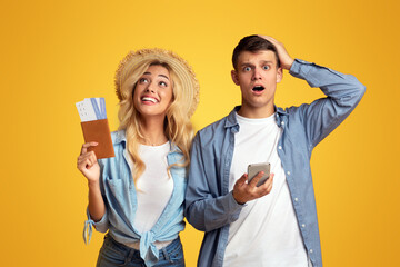 Oh no. Frustrated guy received message that their flight cancelled, while his girlfriend still dreaming about vacation.