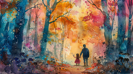 Obraz premium A man and a little girl are walking through a forest