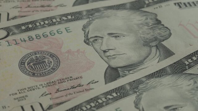 United States 10 Dollar bills rotating macro video. Financial industry. Monetary policy.