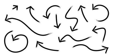 Set of hand drawn brush stroke thin arrows. Collection of doodle arrows in different directions. Vector illustration.