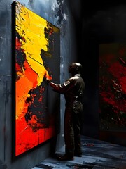 statue of a man touching a painting