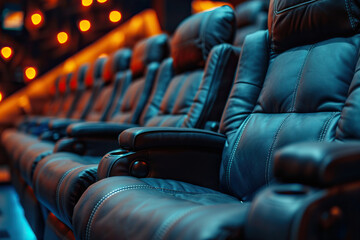 Obraz premium Empty cinema hall with blue seats. Movie theatre