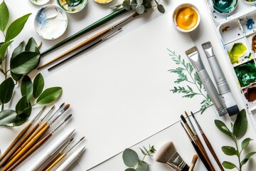 open album with a white blank page on a wooden background, around the album paints, pencils, brushes and other art supplies, top view, copy space, place for text