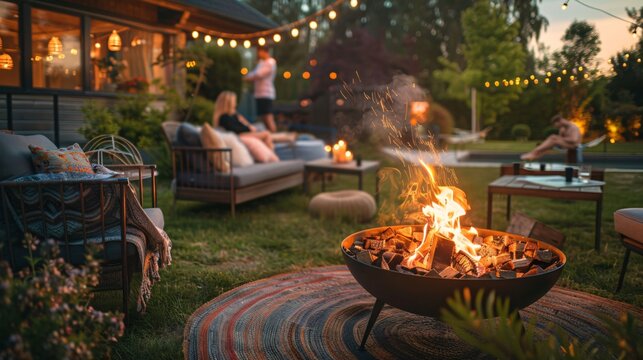 A backyard fire pit setup with bamboo briquettes providing a warm and inviting fire, with comfortable seating, string lights, and friends gathered around