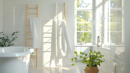 A bright, airy bathroom with large windows, white tiles, and a bamboo bath towel hanging neatly over a white towel bar, creating a sense of freshness and simplicity