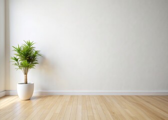 Serene empty white room featuring a warm wooden floor and a small potted plant sitting alone, radiating calmness and simplicity in minimalist decor.