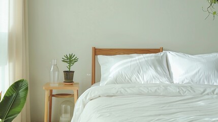 A clean and crisp bedroom look with bright white bamboo sheets, a minimalist bed frame, and a simple nightstand with a glass water carafe and a small potted succulent