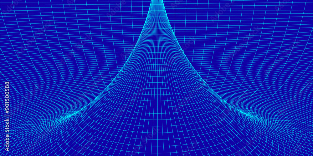 Poster frame torus with connected lines and dots. 3d texture of a wormhole portal with a mesh structure. po